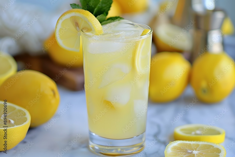 Fototapeta premium Refreshing Glass of Lemonade with Ice and Lemon Slices