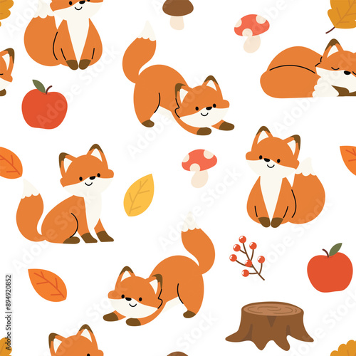 Cute Fox seamless pattern background vector. Animal hand drawn tile wallpaper of fox, autumn season element in pattern. Cartoon character creative design illustration for fabric, packaging, tiles.