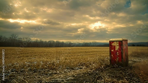 A discarded jackinthebox stands tall in an empty field its haunting melody echoing through the silence. photo