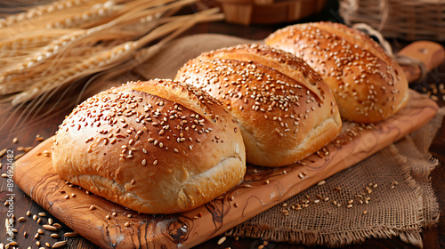 Freshly baked whole grain bread with seeds on a wooden board 