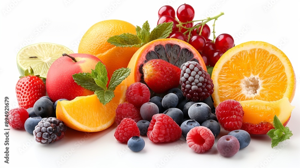 different pieces of tropical fruits and berries on a white different pieces of tropical fruits and berries on a white