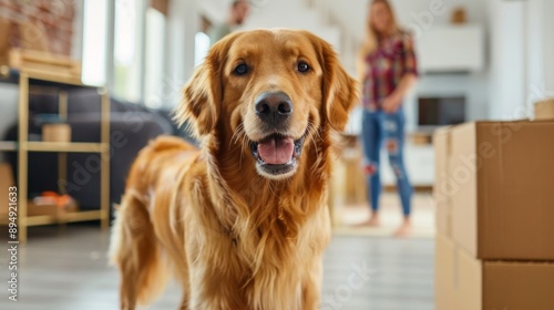 Golden Retriever Dog Welcoming New Homeowners with Boxes - A friendly golden retriever dog stands in the doorway of a new home