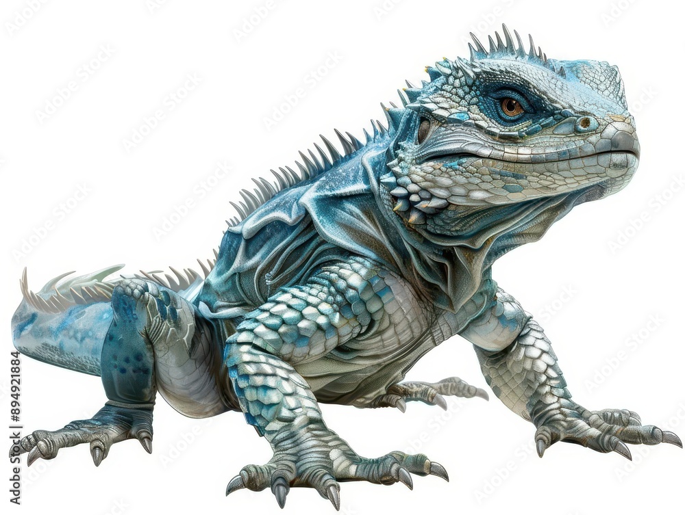 Obraz premium Lifelike digital illustration of a blue lizard with detailed scales and an intense gaze, perfect for educational and nature-themed projects.