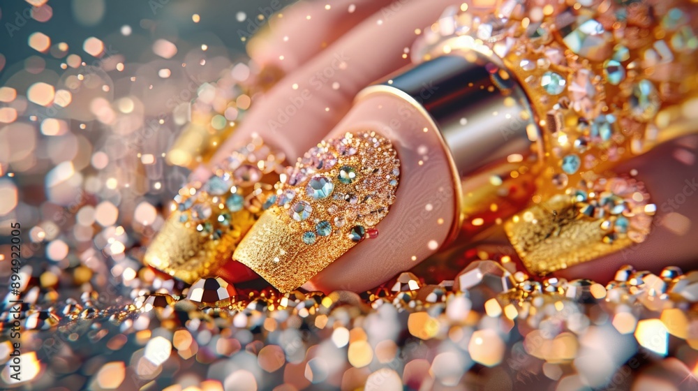 Glittering Gold Nail Polish with Sparkling Rhinestones and Sequins