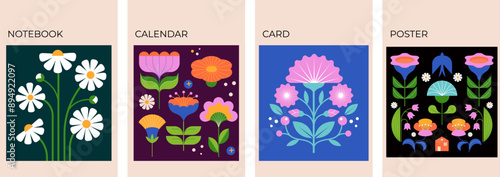 Modern Flowers illustrations. Geometric, flat style design, folk motif, bright and colorful flowers. Vector illustrations