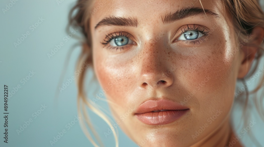 Close-up Portrait of a Young Woman with Freckles and Blue Eyes Close-up Portrait of a Young Woman with Freckles and Blue Eyes