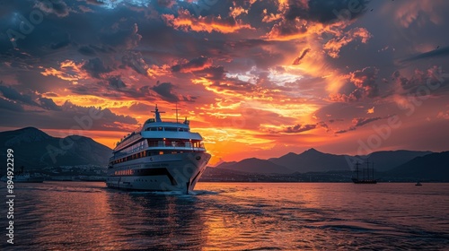 Viking Sea Cruise ship leaving the port of Kalamata city against a cloudy sunset sky in Messenia, Greece. photo