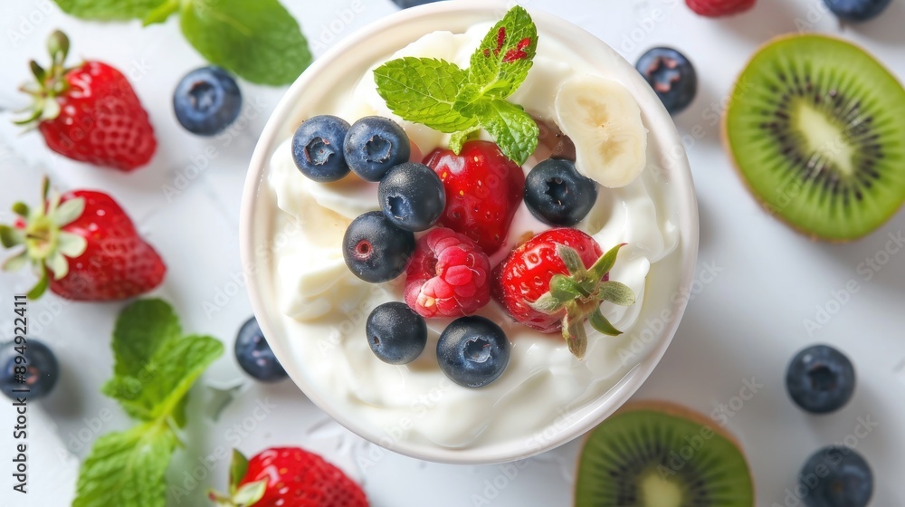 Yogurt and Berries on a White Table with Mint Kiwi and Blueberries in the Center Yogurt and Berries on a White Table with Mint Kiwi and Blueberries in the Center