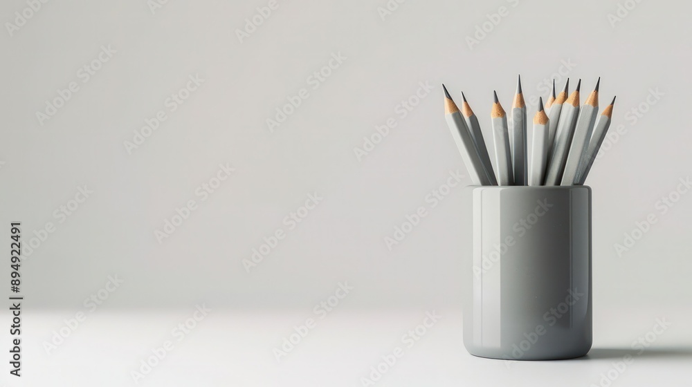 Studio-lit photorealistic photo of grey pencil pot, suitable for high-res stock. Studio-lit photorealistic photo of grey pencil pot, suitable for high-res stock.
