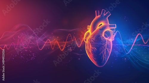 Heartbeat and Human Anatomy: A Vibrant Abstract Illustration - A glowing heart beats in the center of the image, its rhythm represented by an abstract wave pattern, symbolizing life, health photo