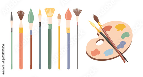 Palette with paints of different colors and a set of brushes. Art supplies, accessories for creativity and hobbies. Poster, illustration