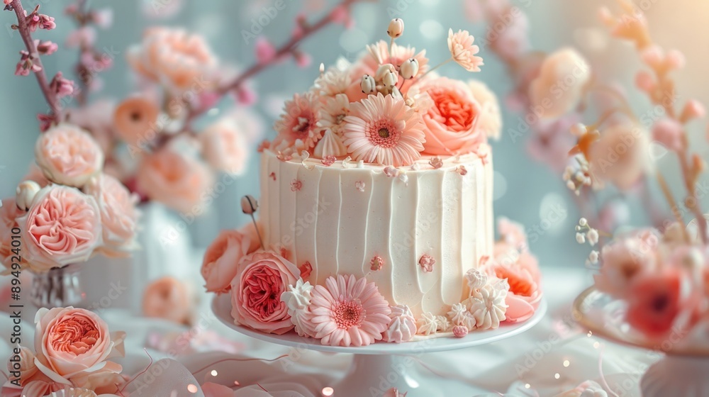 Elegant Floral Birthday Cake with Pastel Pink Decorations Elegant Floral Birthday Cake with Pastel Pink Decorations