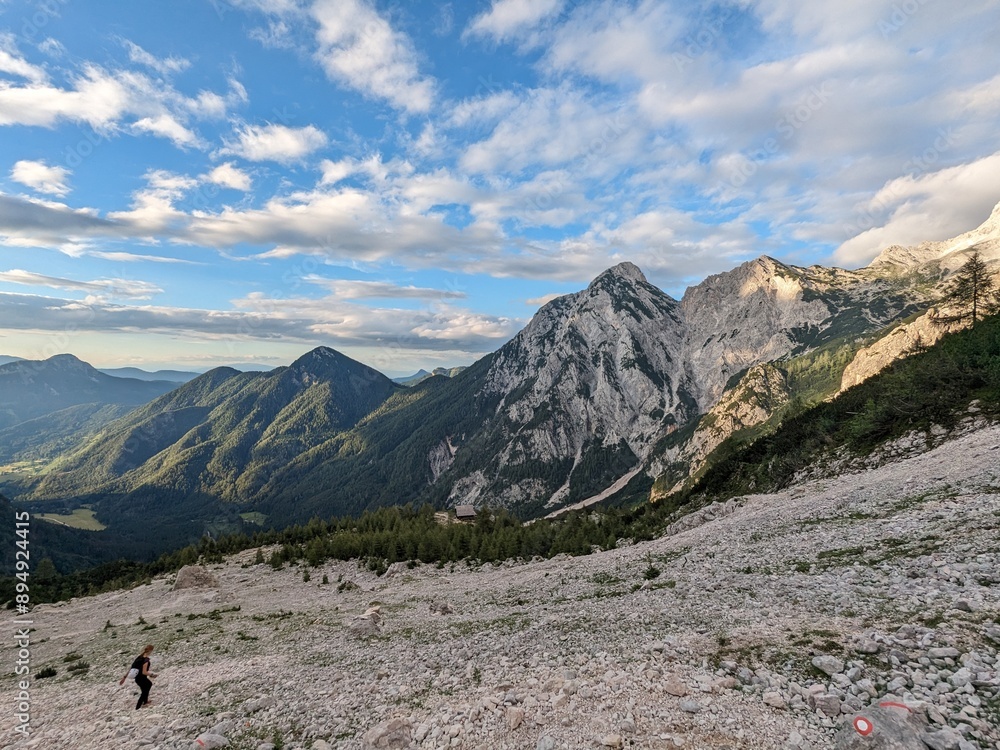 Panoramic view of the Slovenian Alps from a hiking trip and via ferrata to the top of Grintovec mountain on a hot summer day. Stunning alpine landscapes and challenging trails.
Panoramic view of the Slovenian Alps from a hiking trip and via ferrata to the top of Grintovec mountain on a hot summer day. Stunning alpine landscapes and challenging trails.