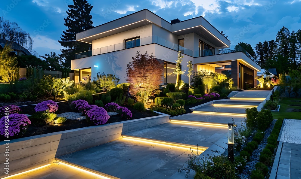 A modern garden landscape with an illuminated pathway leading to a residential house, highlighting ambient lighting installations and vibrant flowers