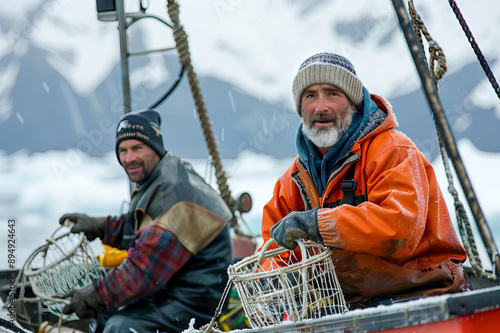 two fishermen working on boat catching fish in the wintertime photo