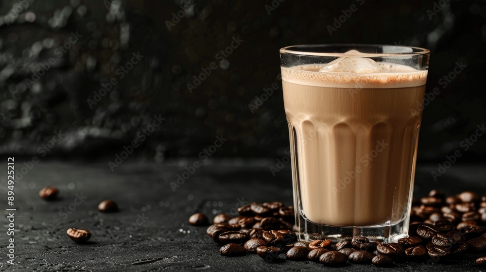 Crystal coffee with milk in glass against black background with copy space lifestyle food preference Crystal coffee with milk in glass against black background with copy space lifestyle food preference