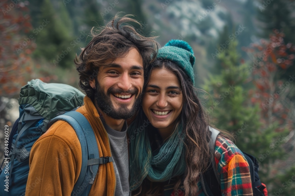 Portrait of a cheerful indian couple in their 20s going on a hike in nature Portrait of a cheerful indian couple in their 20s going on a hike in nature