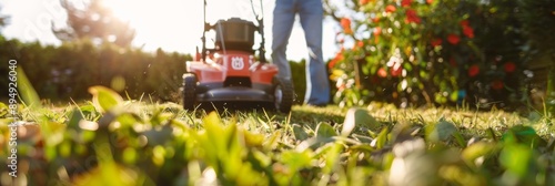 Man Mowing the Lawn with a Red Lawn Mower in the Sunshine - A man mowing the lawn with a red lawn mower. The sun is shining and the grass is cut short. This image represents the concepts of home maint photo