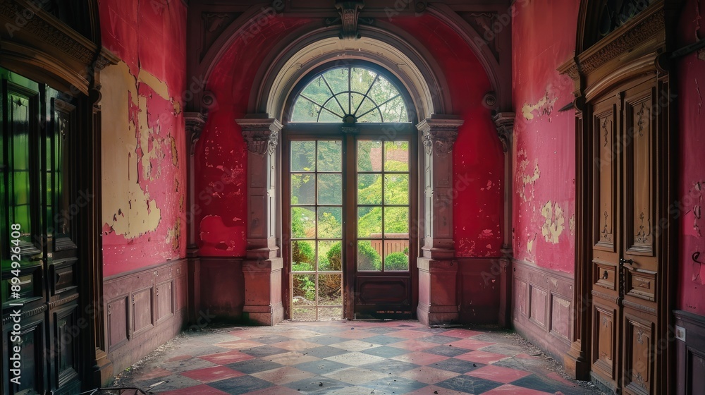 Victorian-style hall in Benrath Castle with pink walls, large windowed door, garden view. Victorian-style hall in Benrath Castle with pink walls, large windowed door, garden view.