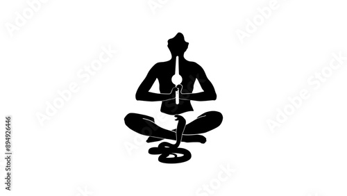 Snake charmer playing instrument, black isolated silhouette