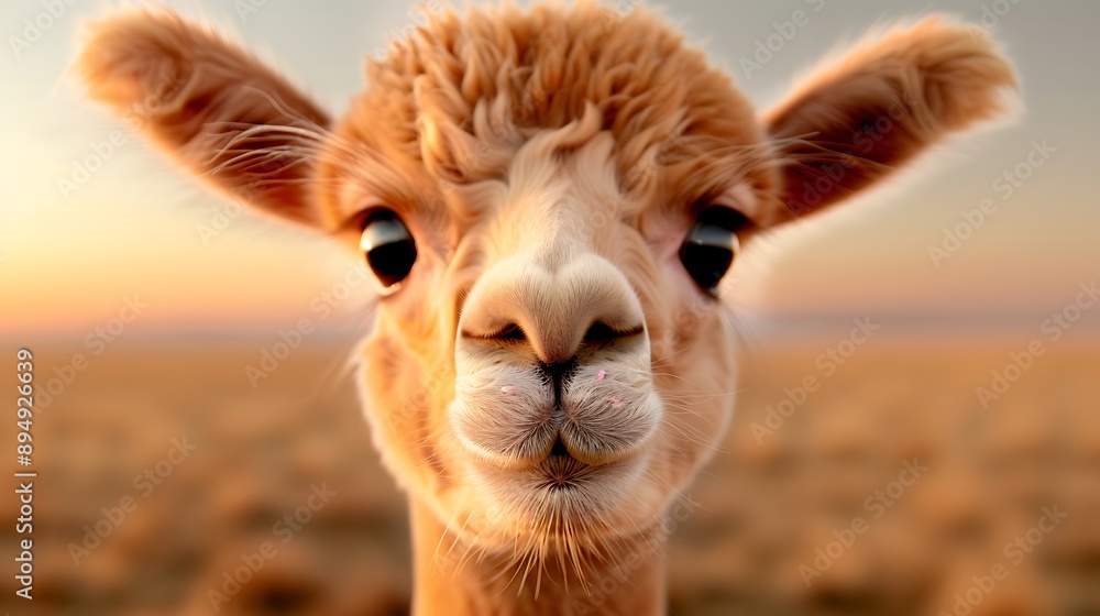 Obraz premium Close-Up of Adorable Alpaca with Long Eyelashes at Sunset