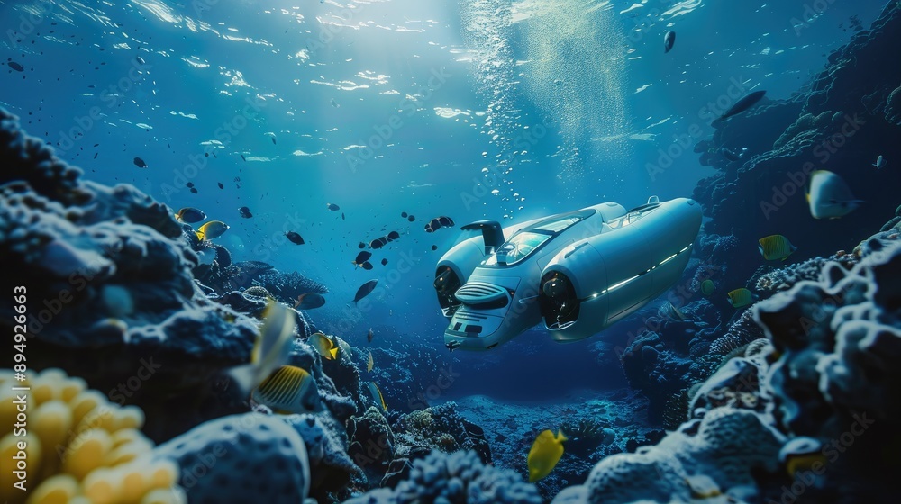 Fototapeta premium Underwater world with robotic marine life observer, capturing the beauty of the ocean's biodiversity and the role of technology in exploration