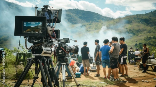 A professional camera sits on a tripod with a film crew standing around nearby, getting ready to start filming in a beautiful, green mountainous location with smoke in the air.