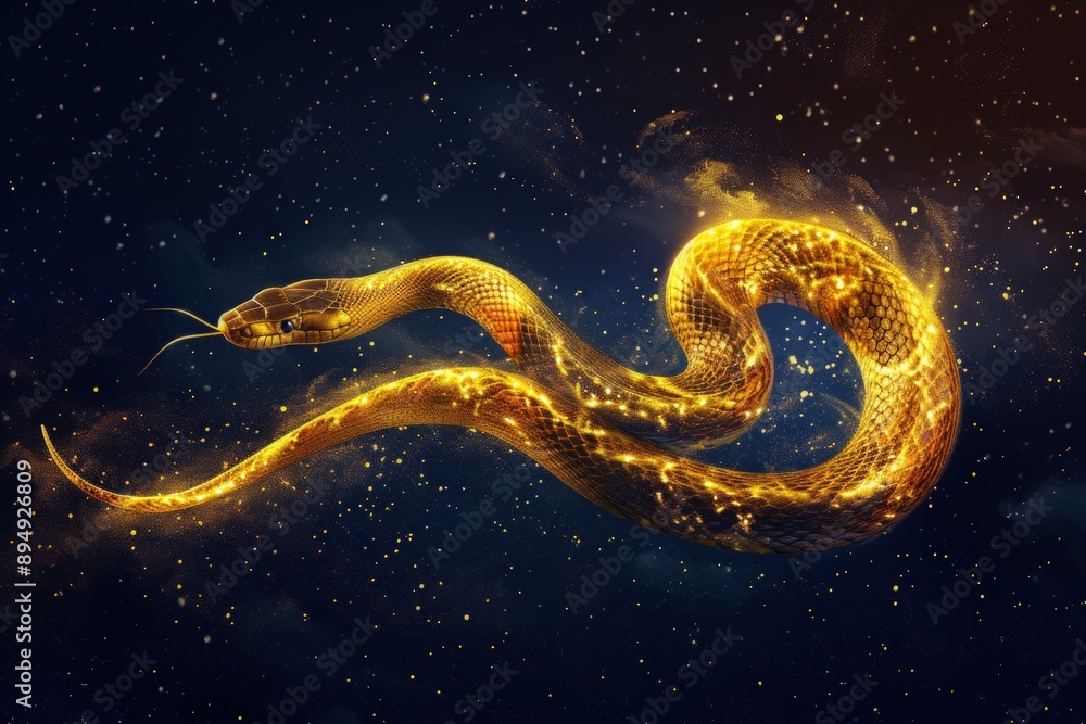 A snake is shown in a gold color with a black background A snake is shown in a gold color with a black background