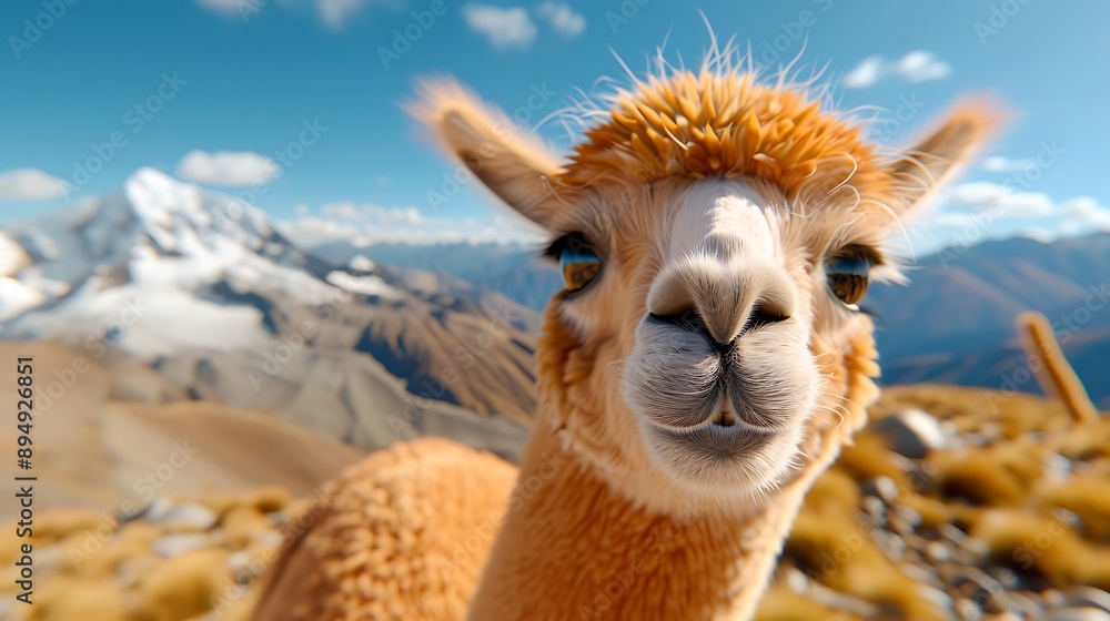 Obraz premium Close-Up of an Alpaca's Face with Snow-Capped Mountains