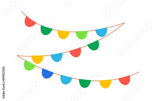 Hanging summer party garland for kids. Childish pennant border isolated on white background. Colorful flags in rainbow colors. Vector clipart