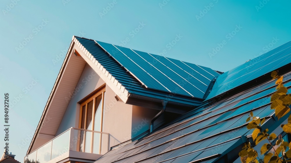 Modern Home with Solar Panels for Sustainable Energy - A modern home with solar panels installed on the roof, symbolizing sustainable living, clean energy, environmental consciousness Modern Home with Solar Panels for Sustainable Energy - A modern home with solar panels installed on the roof, symbolizing sustainable living, clean energy, environmental consciousness
