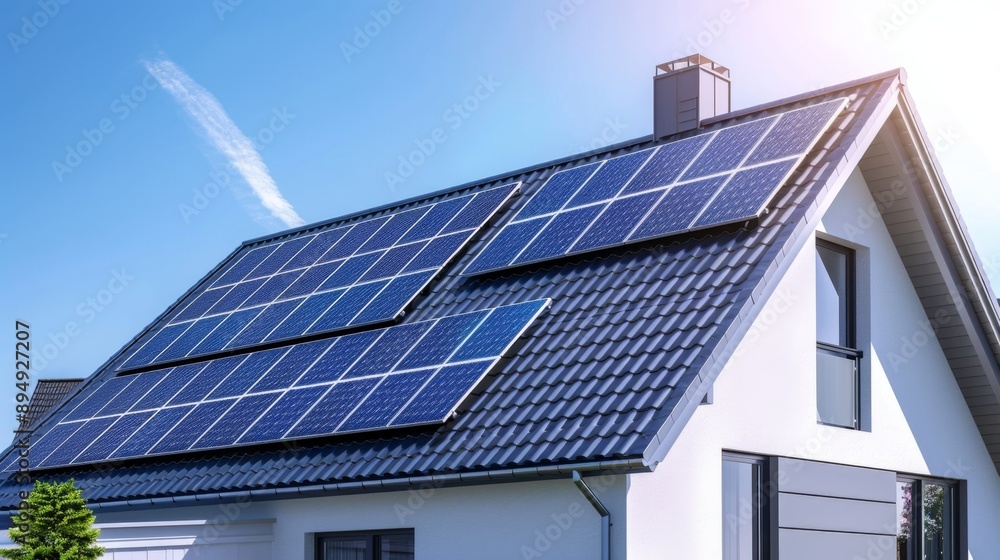 Modern Home with Solar Panels on Roof for Sustainable Living - A modern house with solar panels installed on the roof, symbolizing sustainable living, clean energy, renewable resources Modern Home with Solar Panels on Roof for Sustainable Living - A modern house with solar panels installed on the roof, symbolizing sustainable living, clean energy, renewable resources
