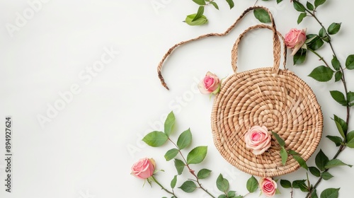 Stylish rattan handbag with roses and greenery on light background Top view with space for text Bali s eco friendly bags photo