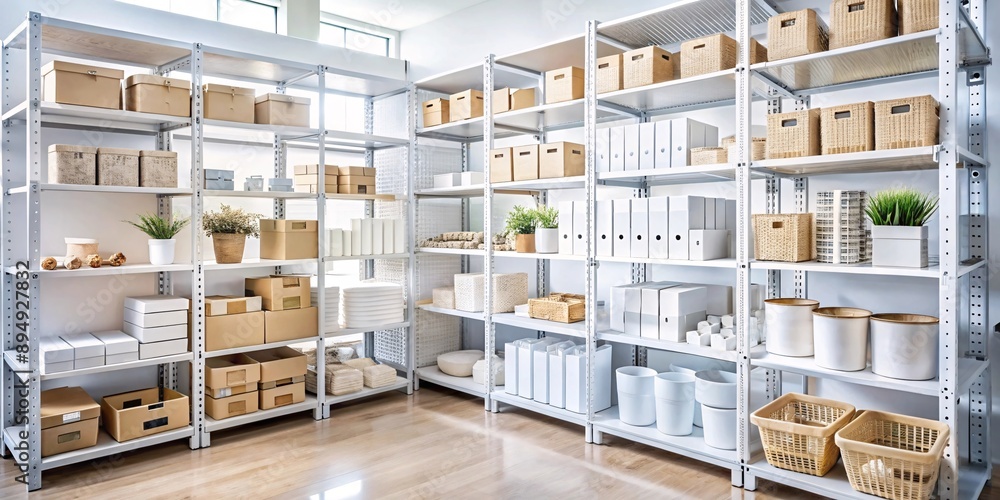 Warehouse shelves stocked with various products. Image of a clean and organized warehouse with shelves full of diverse products, potentially ready for shipping or distribution. Warehouse shelves stocked with various products. Image of a clean and organized warehouse with shelves full of diverse products, potentially ready for shipping or distribution.