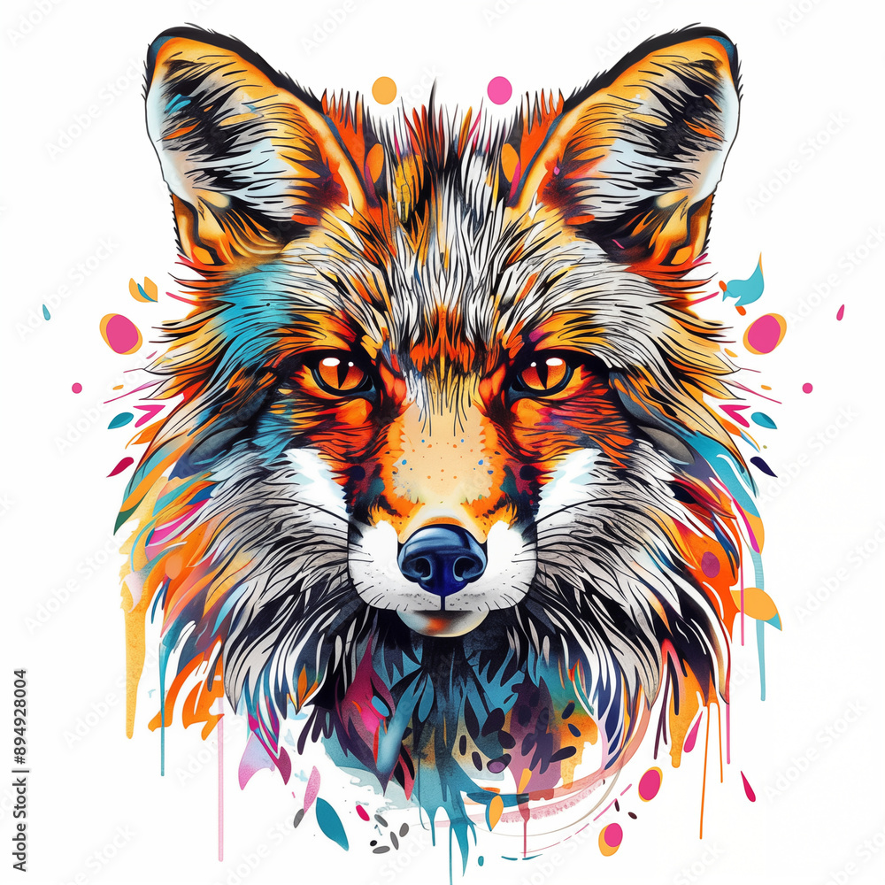Naklejka premium Colorful fox head with illustration design on white background and colorful splashes