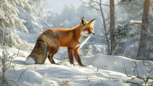 A stunning red fox in a picturesque snow-covered landscape, adding a touch of majesty to the winter scene. © chanidapa