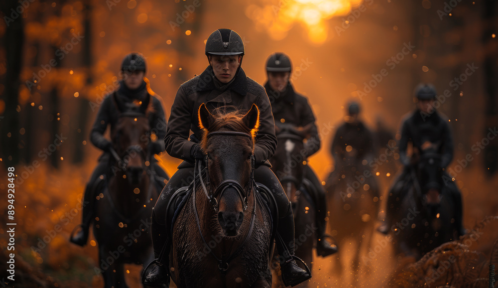 A group of people riding horses in a forest. The man in the middle is wearing a helmet A group of people riding horses in a forest. The man in the middle is wearing a helmet