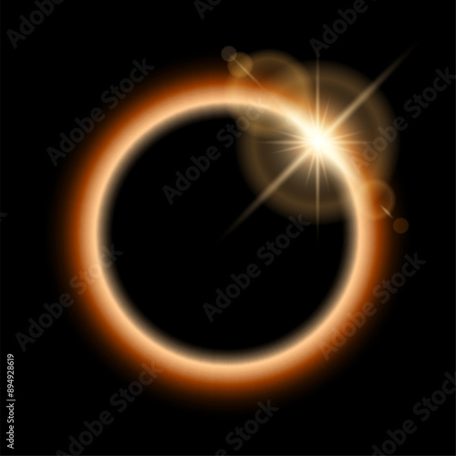 Realistic total solar eclipse with shining star, lens flare light overlay effect on black background. Vector yellow glowing sunlight circle in black space.