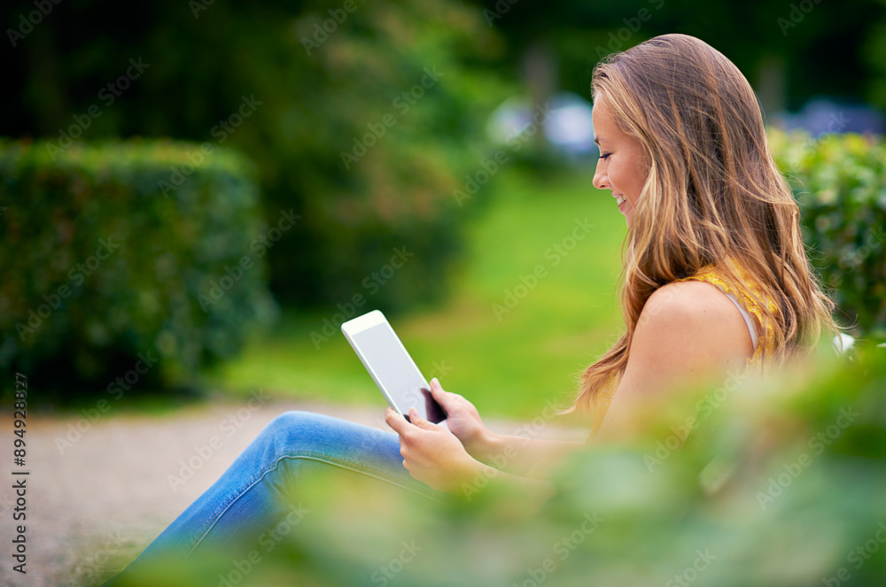 Woman, park and happy with tablet for ebook, novel story and fairytale or fantasy in New York. Female person, gen z and smile as university student on break to relax, rest and entertainment Woman, park and happy with tablet for ebook, novel story and fairytale or fantasy in New York. Female person, gen z and smile as university student on break to relax, rest and entertainment