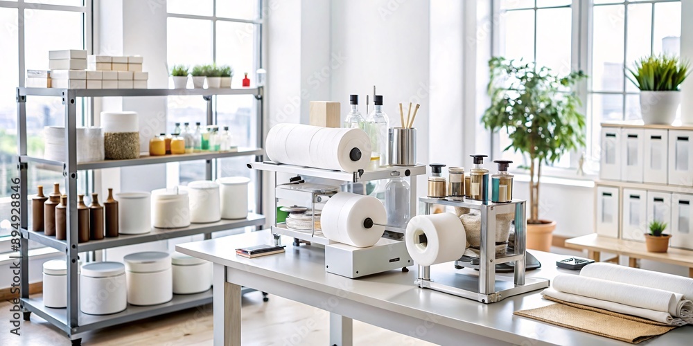 Modern Workspace for Creative Projects. A bright and airy workspace featuring organized shelves and essential tools for creative projects. Modern Workspace for Creative Projects. A bright and airy workspace featuring organized shelves and essential tools for creative projects.