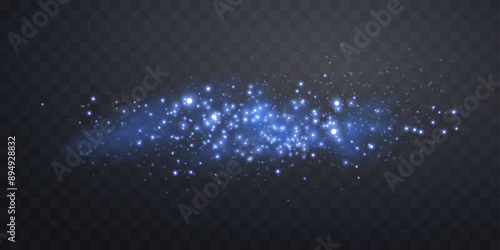 Blue glittering dots, particles, stars, magic sparks with smoke. Glow flare light effect. Blue luminous points in fog. Vector particles on transparent background.
