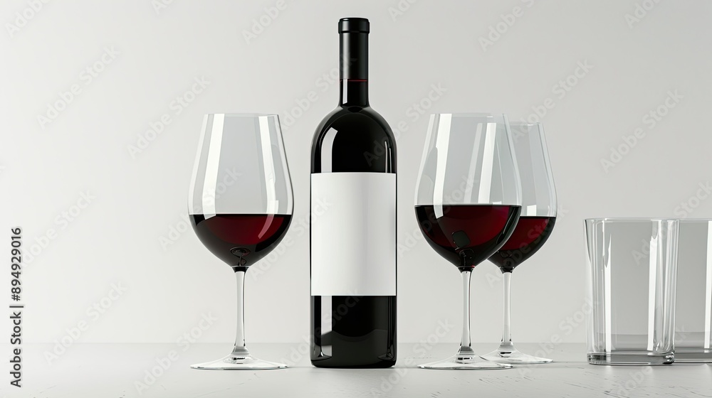 Clean white background showcasing a red wine bottle with a blank label, alongside filled and empty wine glasses. Perfect for artwork mockups. Clean white background showcasing a red wine bottle with a blank label, alongside filled and empty wine glasses. Perfect for artwork mockups.