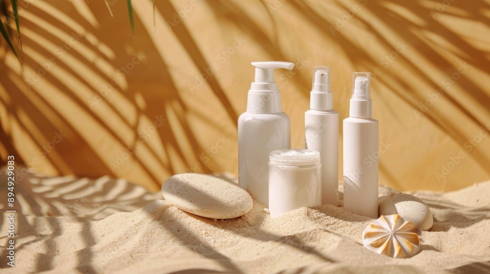 White cosmetic bottles on sandy background Summer skincare theme with SPF White cosmetic bottles on sandy background Summer skincare theme with SPF