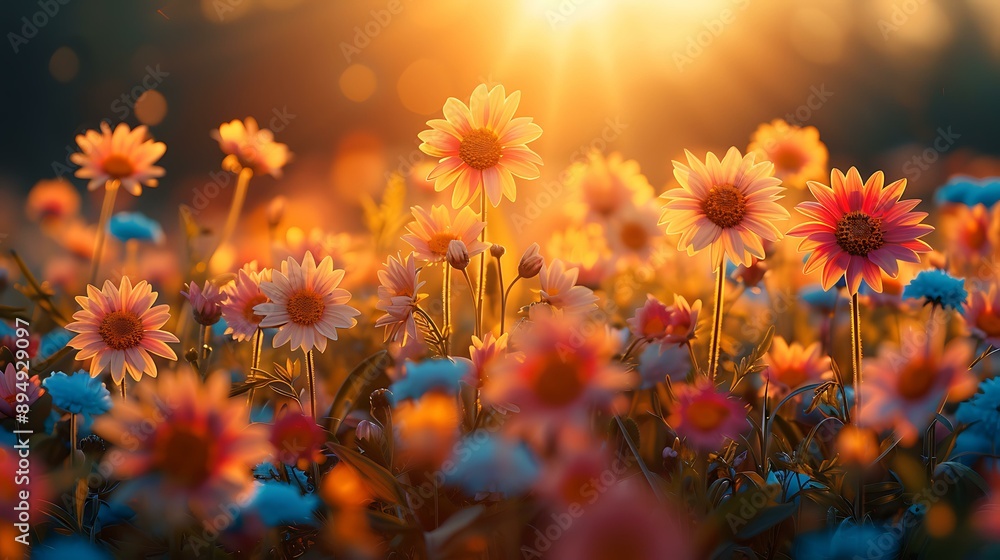 A vibrant field of blooming flowers illuminated by the warm glow of the sunset, perfect for springtime advertisements, nature-inspired designs, or wellness and relaxation-themed projects, A vibrant field of blooming flowers illuminated by the warm glow of the sunset, perfect for springtime advertisements, nature-inspired designs, or wellness and relaxation-themed projects,