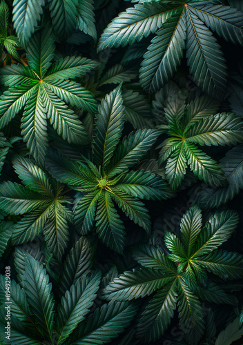 A close up of a bunch of green marijuana leaves. The leaves are very thick and green, and they are all touching each other. photo
