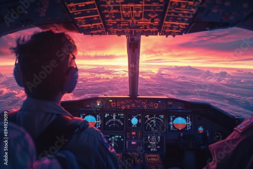 Pilot flying at sunset, cockpit illuminated in pink and orange hues. Reflective moment, capturing the beauty of the sky and the journey ahead. Perfect blend of professionalism and serenity.