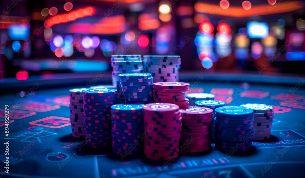 A pile of poker chips on a table in a casino. The chips are of different colors and sizes, and they are piled up in a pyramid shape. A pile of poker chips on a table in a casino. The chips are of different colors and sizes, and they are piled up in a pyramid shape.