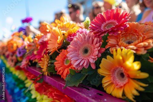 Close-up of vibrant orange, pink, and yellow flowers at a Pride parade, with blurred people in the background. Symbolizing joy, celebration, vibrant spirit LGBTQ+ community during Pride Month.