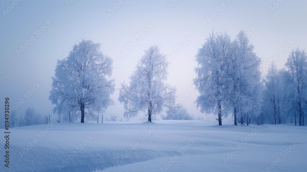 Fototapeta premium Dusky winter evening with frosted trees, showcasing a tranquil and picturesque snow-covered scene.
