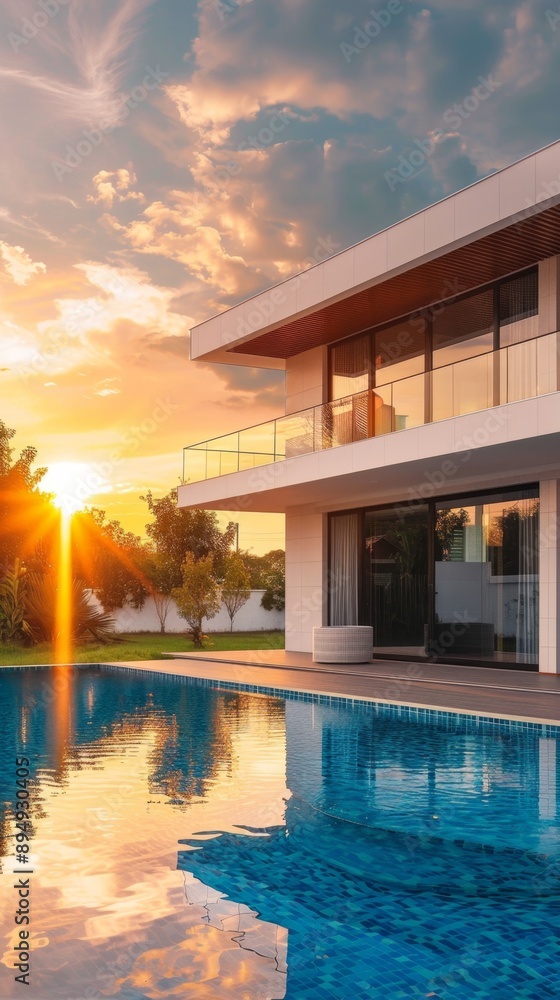 Fototapeta premium Luxurious Modern Villa with Infinity Pool at Sunrise: Elegant Contemporary Architecture Showcasing Exquisite Interior and Exterior Design. Stunning 4K Wallpaper of Resort-style Residence with Breathta